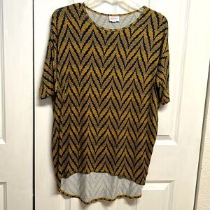 Lula Roe Tan Blue Zigzag Drop Sleeve High Low Tunic Top Size L